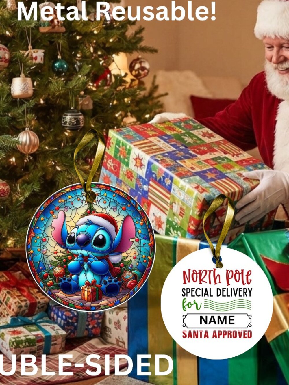 Disney Stitch Santa Reusable Metal Christmas Tag Personalized